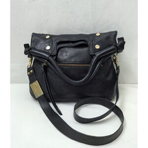 Foley + Corinna Black Soft Leather Zipper Pocket Foldable Crossbody Shoulder Bag